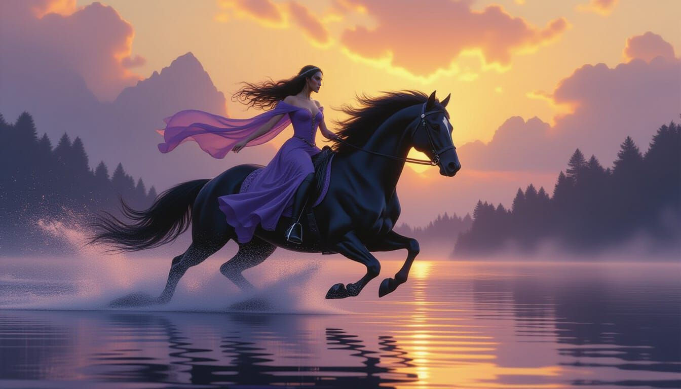 Mystical Mare Emerges from Misty Lake