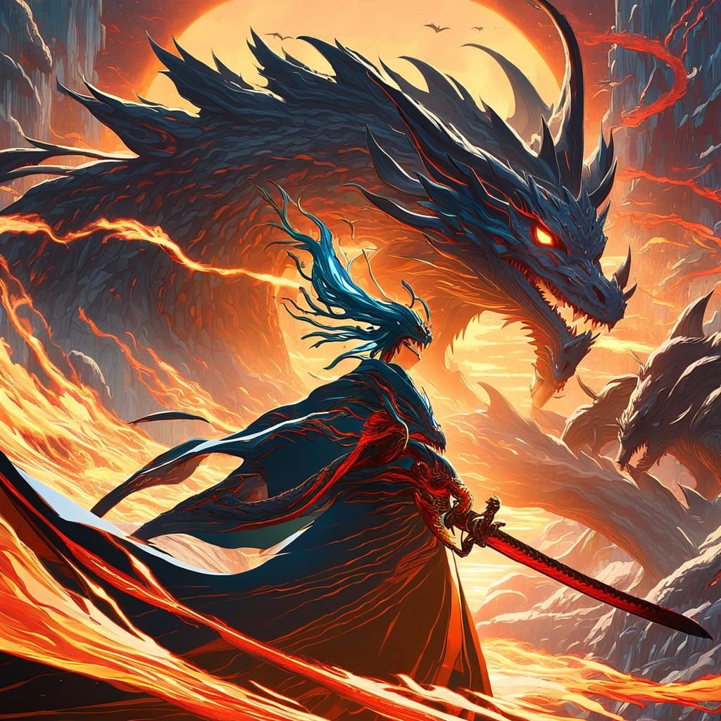 Anime Girl Dragon Fight with Glowing Katana