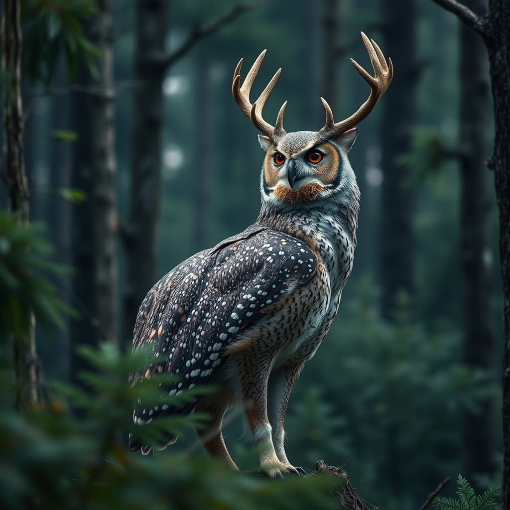 Photorealistic Deer-Owl Hybrid in Dense Forest