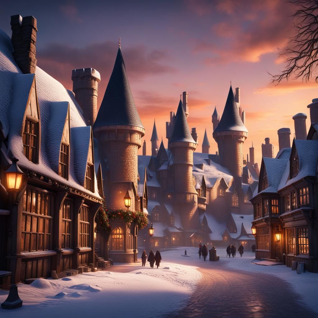 Snowy Hogsmeade Village at Winter Sunset