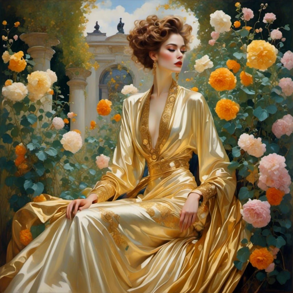 Klimt-Inspired Woman Walks Through a Golden Garden