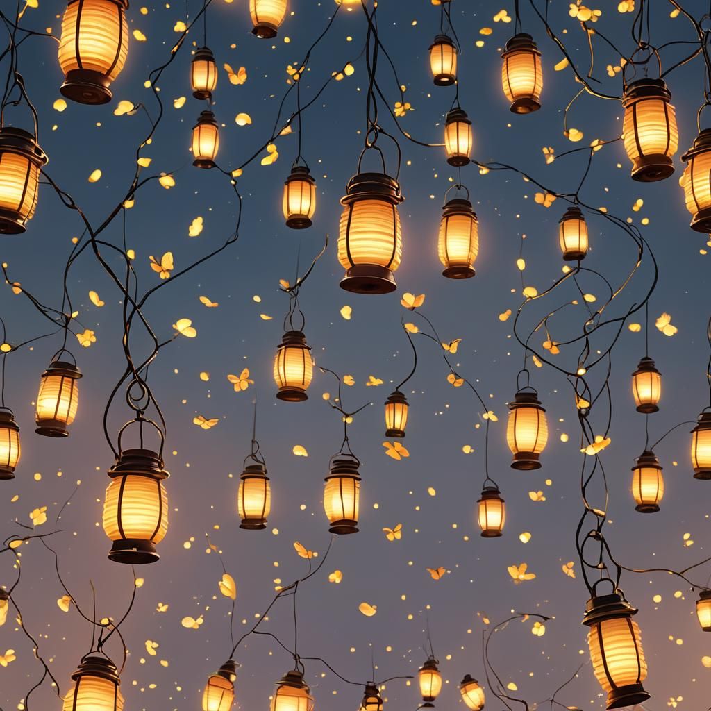 Lanterns and Fireflies at Midnight: 3D Digital Art
