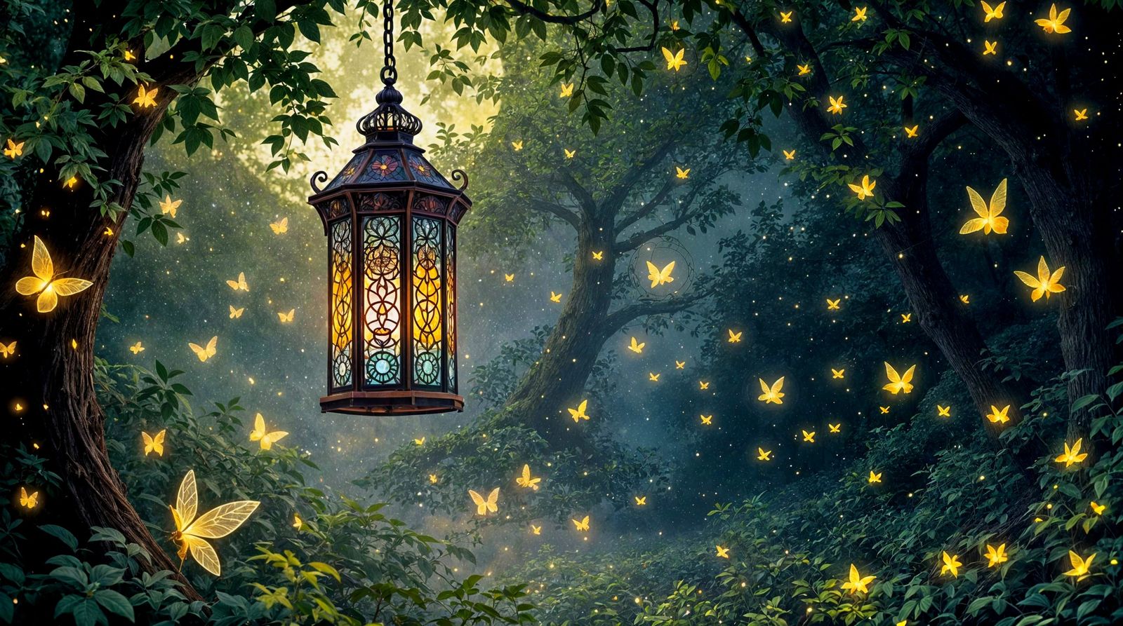 Celtic Lantern in Moonlit Forest, Pre-Raphaelite Style