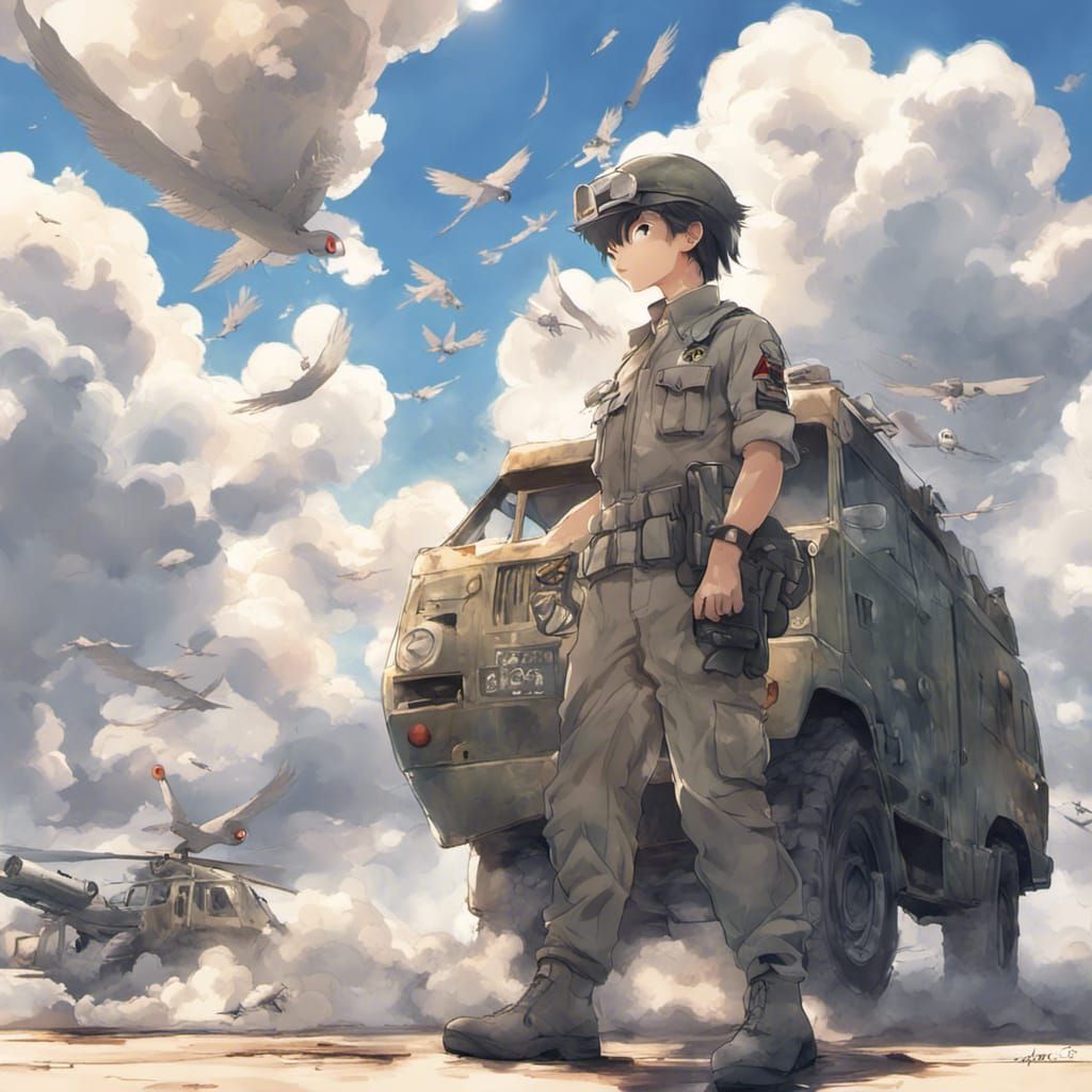 Anime Soldier in War Zone with Bird