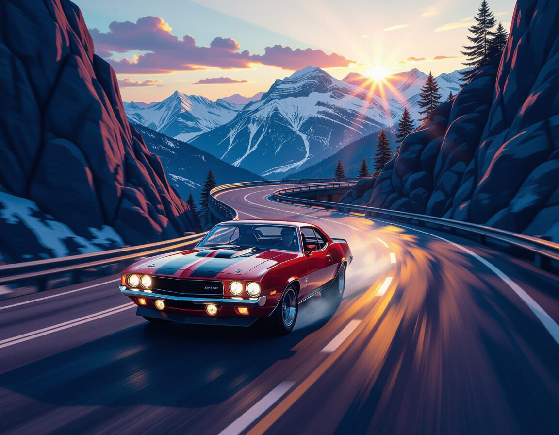 Dynamic Muscle Car Race on Mountain Road