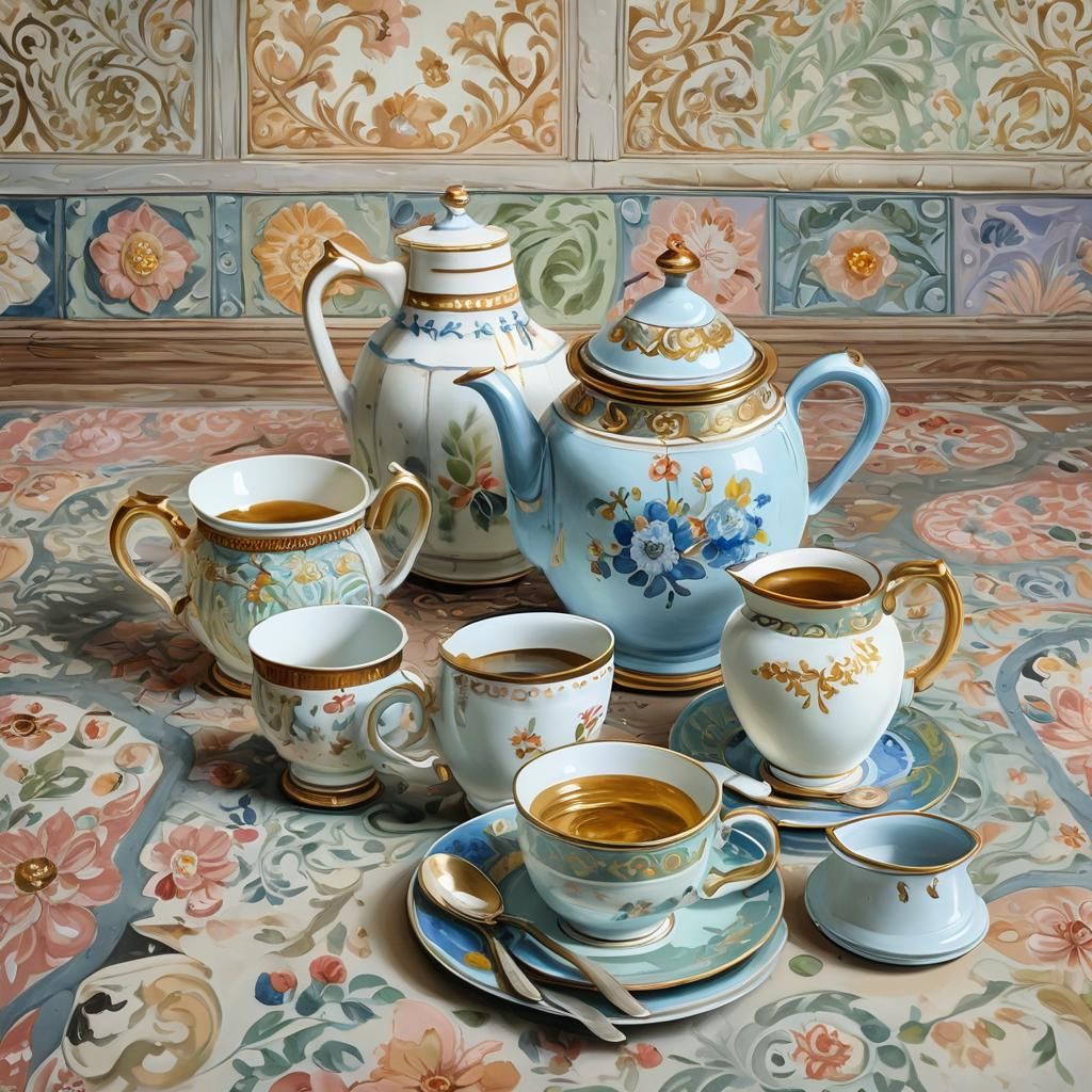 Vintage China Still Life in Gouache Style