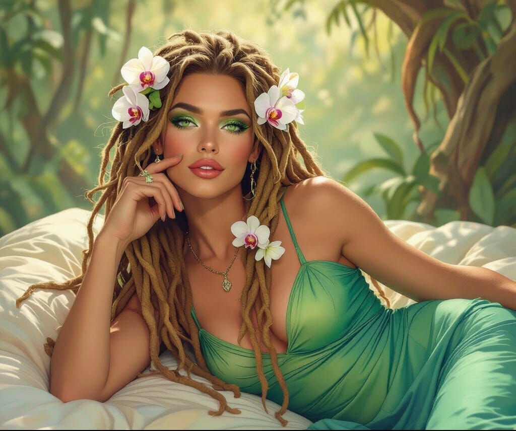 Feminine Man with Dreadlocks in Forest Room