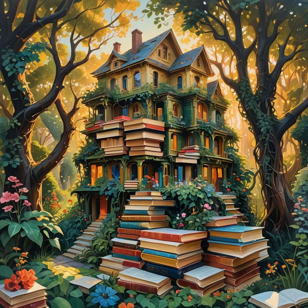 Surreal Book House in Lush Garden: Oil Painting