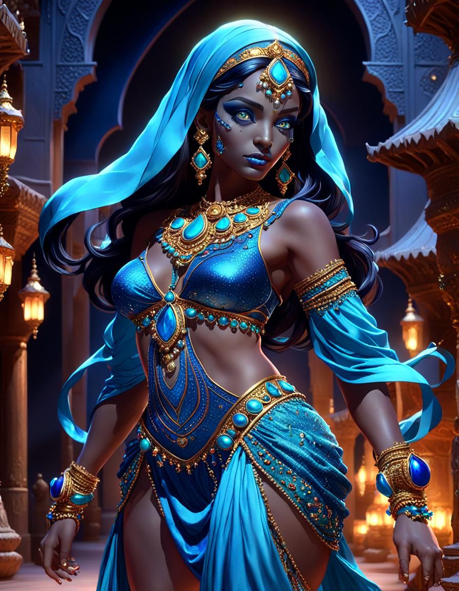 Blue-Skinned Jinn in Arabian Nights, Fantasy Art