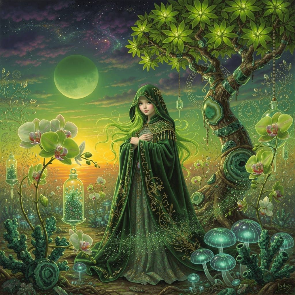 Mystical Woman With Green Hair In Emerald Dreamscape