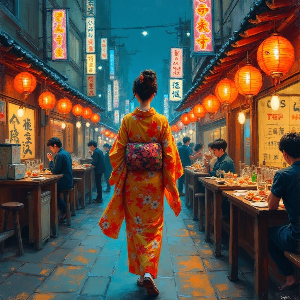 Tokyo Kimono Scene in Expressionist Neo-Impressionism