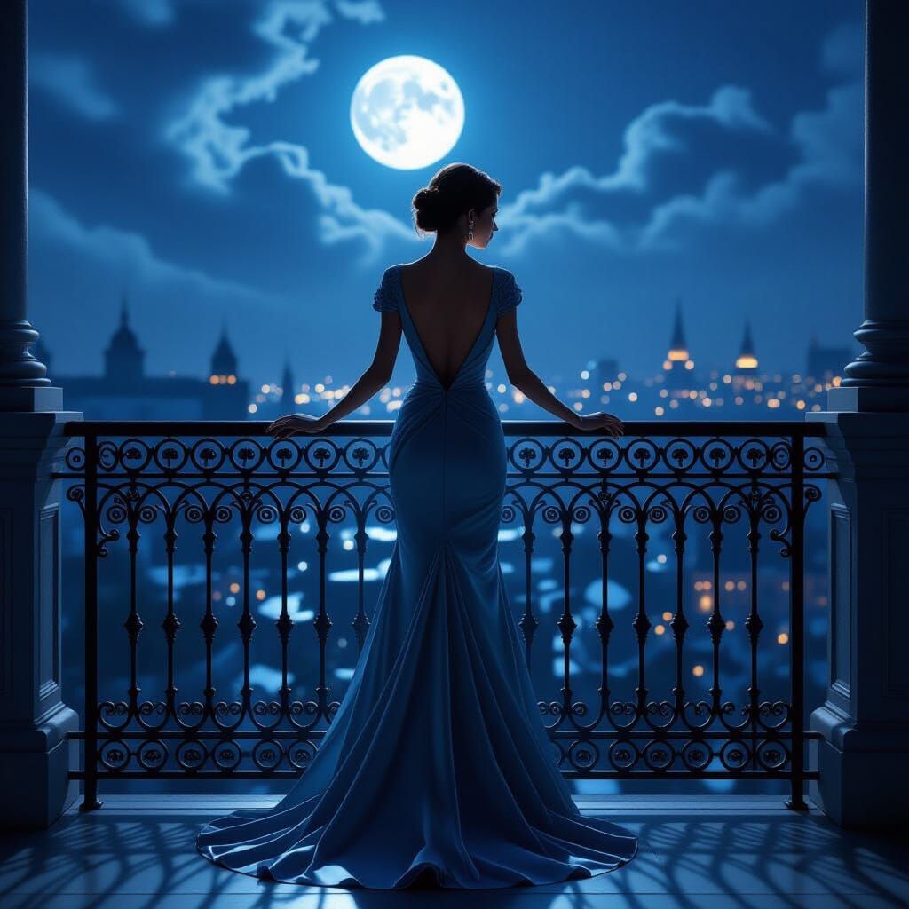 Moonlit Silhouette on Balcony in Photorealistic Style