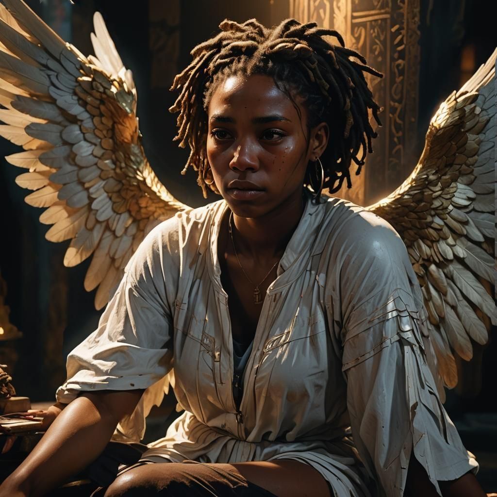 Traumatized Woman Watched Over By Angel: Hyperrealistic Art