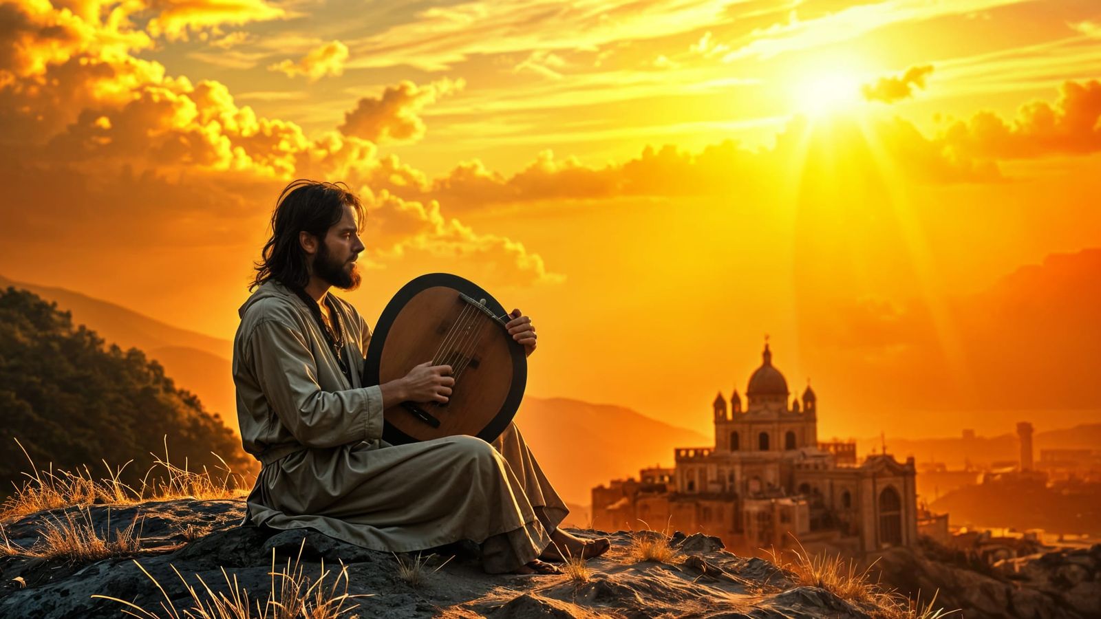King David Composing Hallelujah: Cinematic Film Still