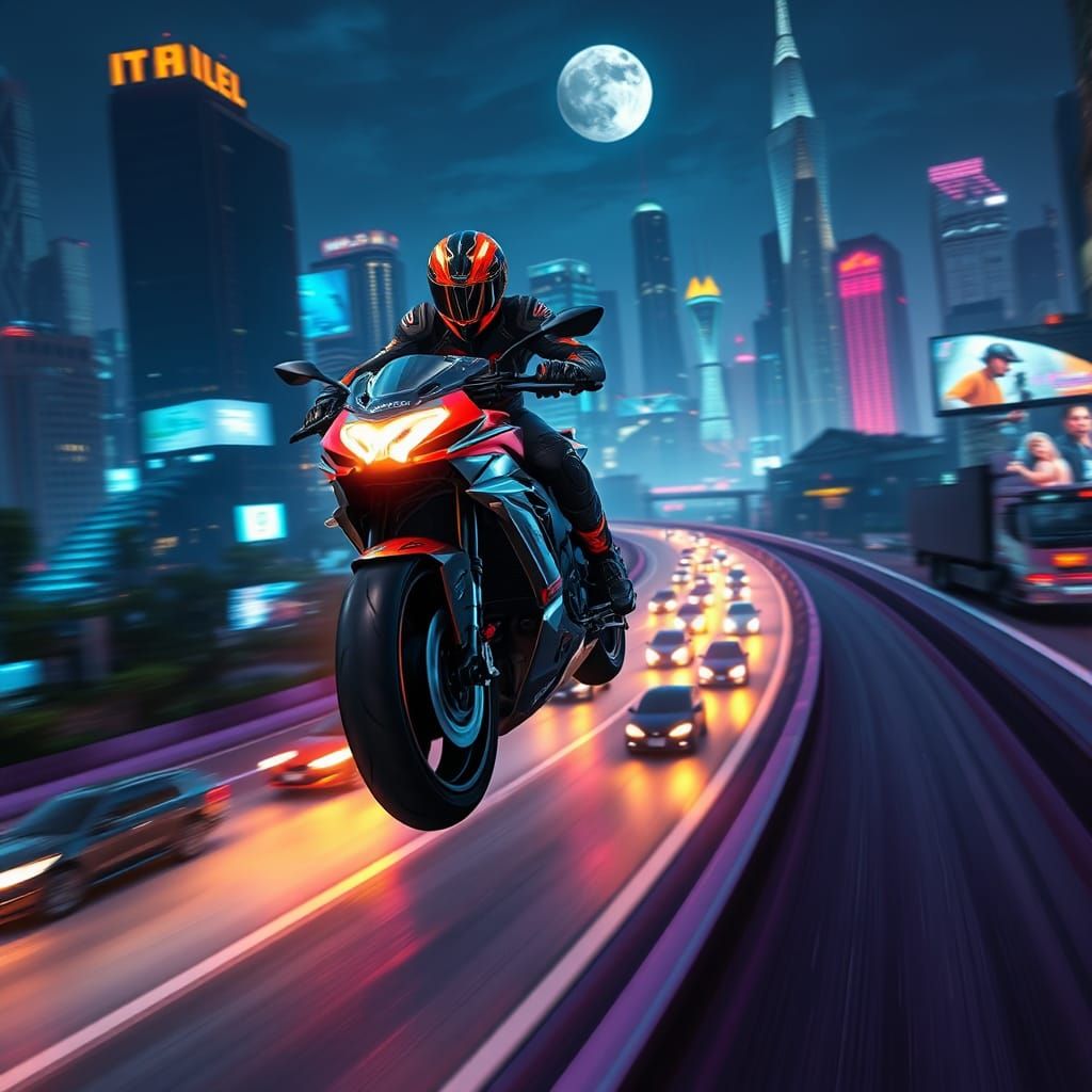 Cyberpunk Motorcyclist Soaring Above Cityscape at Night