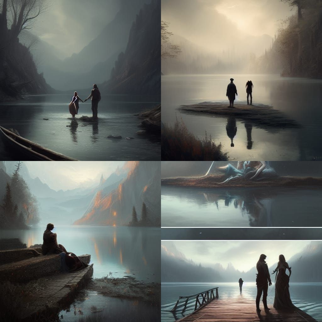 Romantic Couple by Lake: Dark Fantasy Art