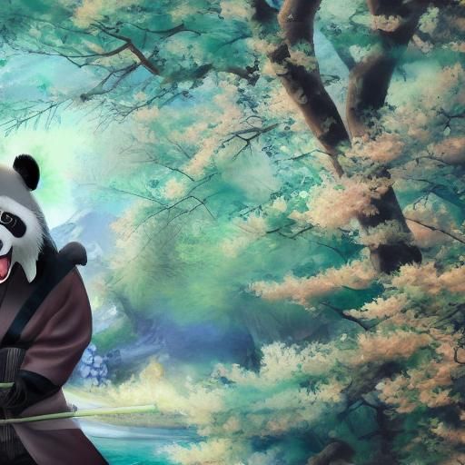 Panda bear samurai in full dragon body armour japanese village on fire with cherry blossom trees in backgroung color g...