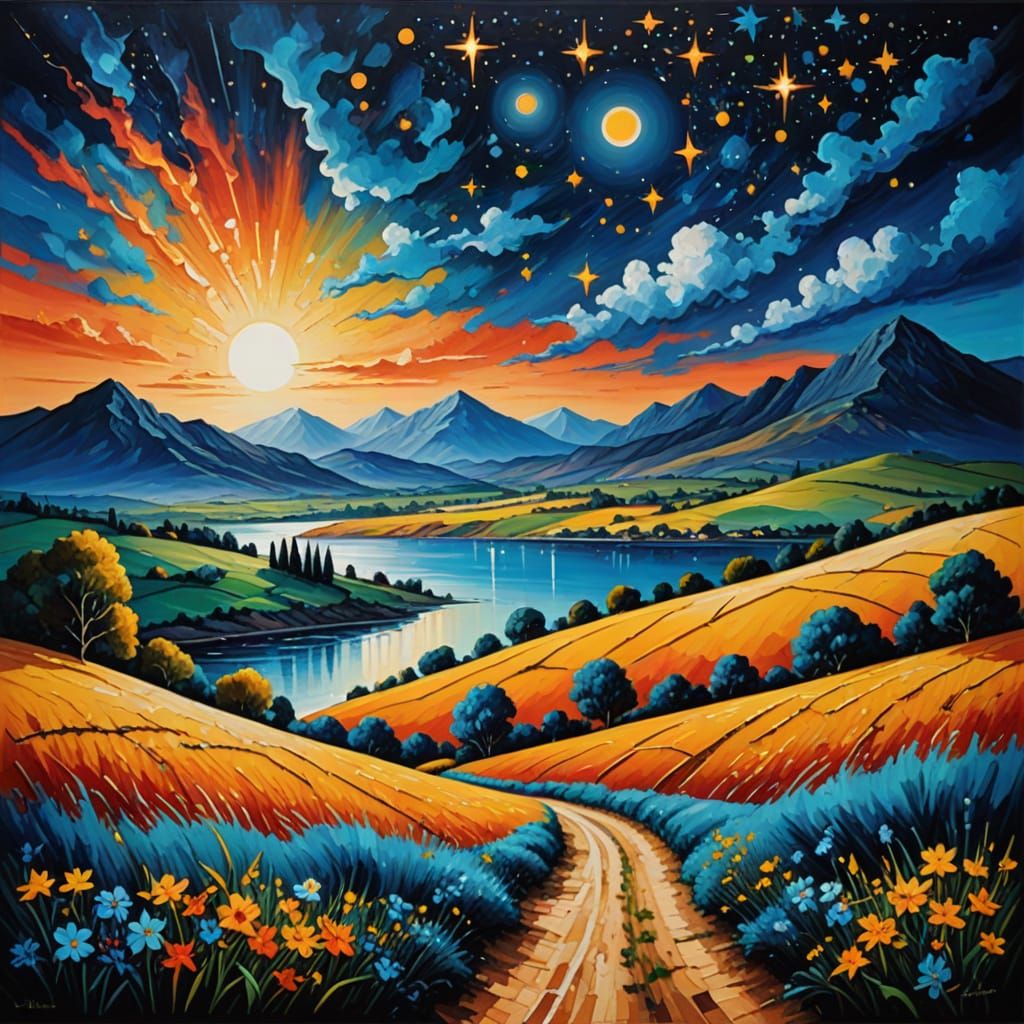 Surreal Landscape with Day and Night, Oil Painting
