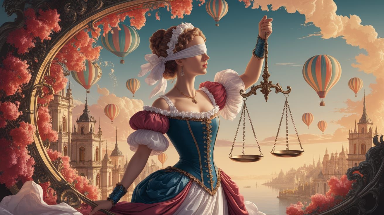 Ornate Woman with Scales in Dreamlike Cityscape