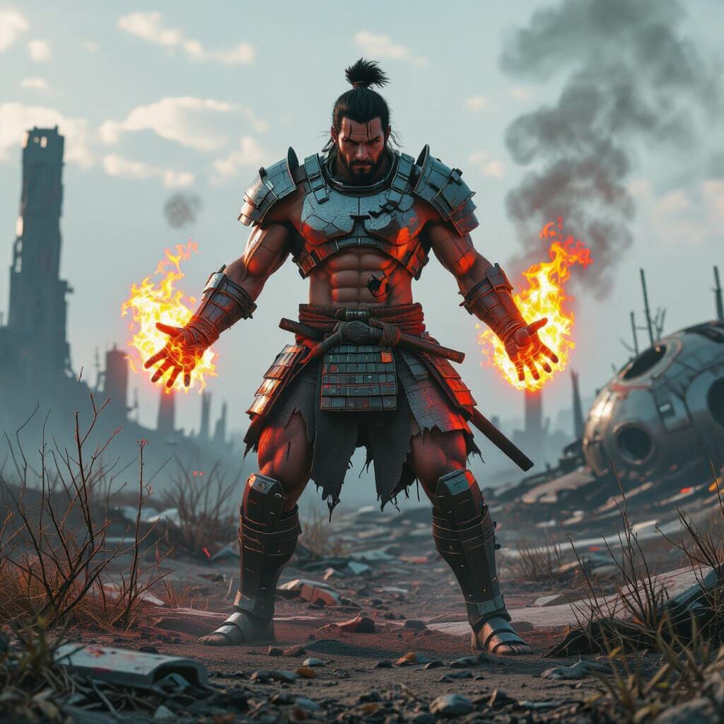 Muscular Samurai Battles Aging God in Ruined Future