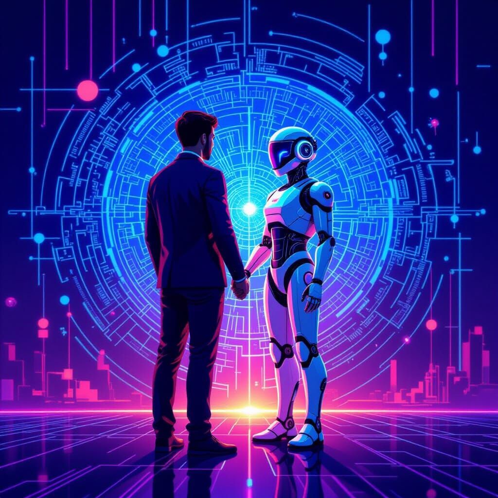Futuristic NFT Art of Man & AI in Education
