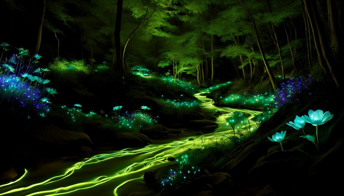 Bioluminescent Path Under Ethereal Turquoise Sky