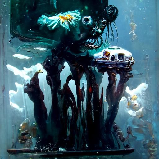 Underwater Horror Scene as Oil Painting
