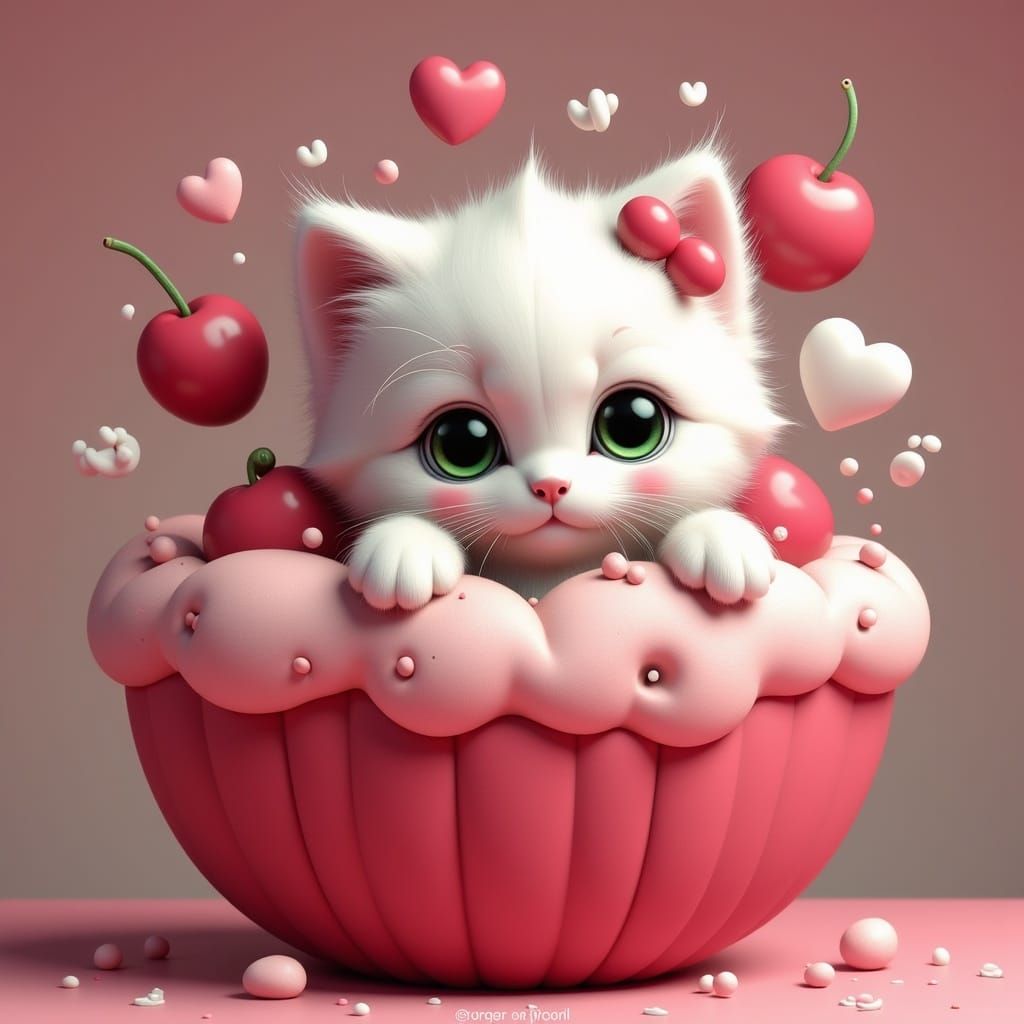 Cute Kitten Pokes Out of Cherry Body on Ice Cream Sundae Pil...