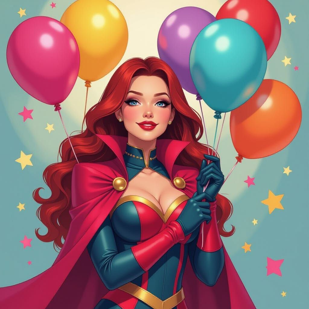 Scarlet Witch with Balloons in Pop Surrealist Style