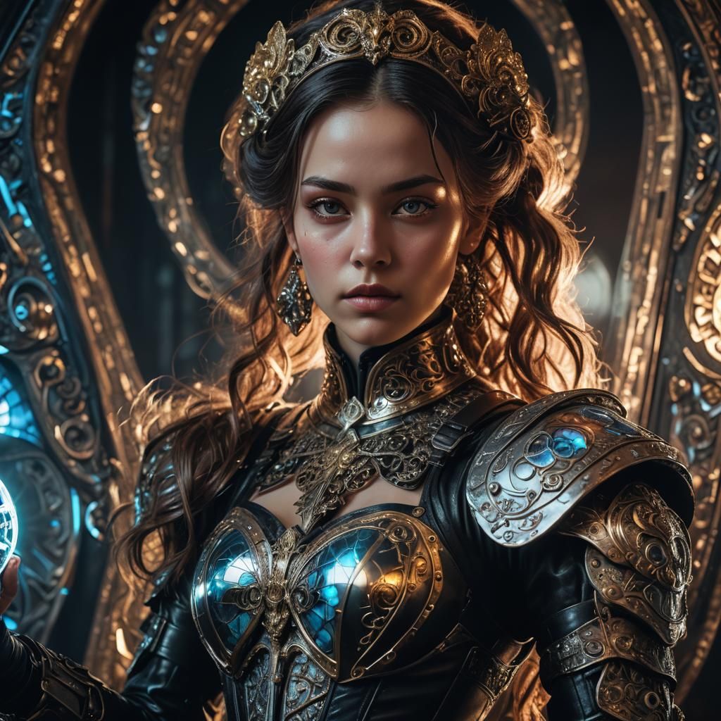 Cyberpunk Renaissance Woman with Holographic Portrait