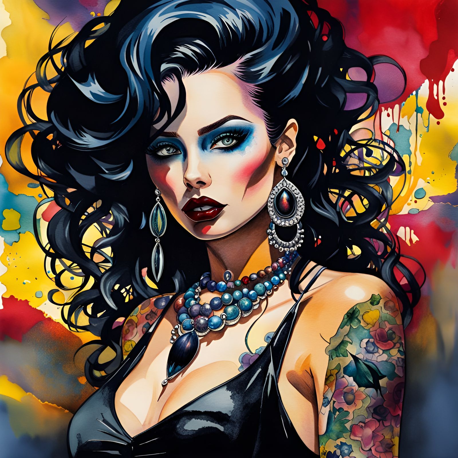 Gothic Woman Portrait in Watercolor Comic Art Style