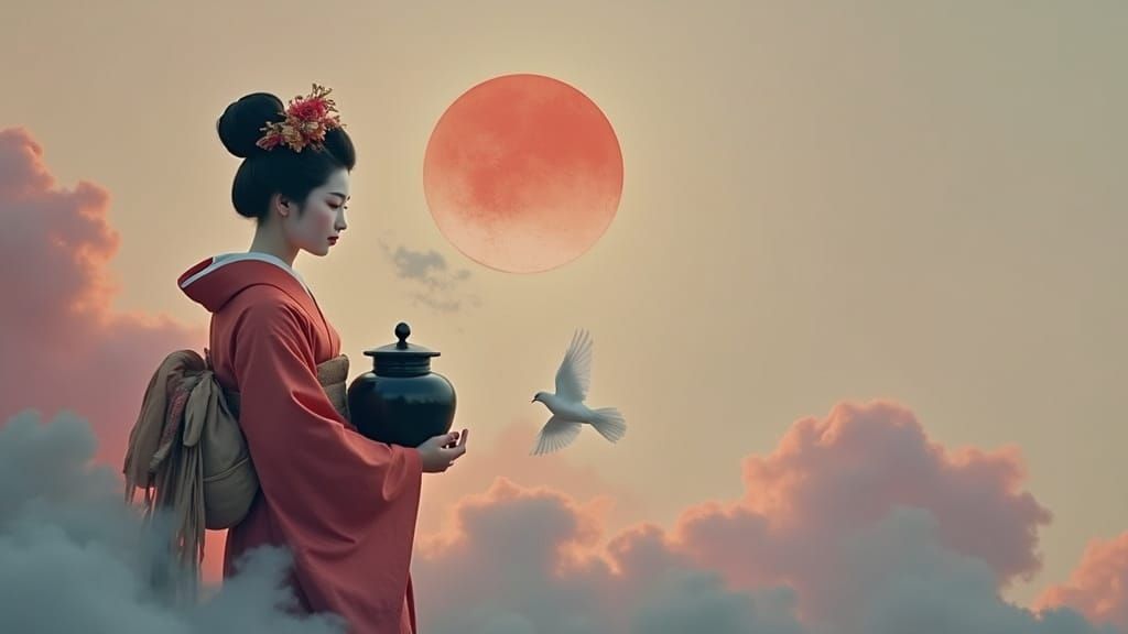 Surreal Geisha with Ancestral Urn on Mars