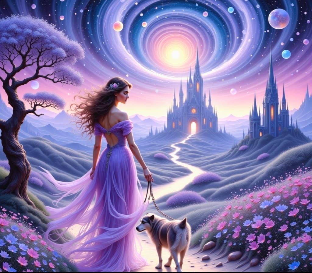 Mystical Woman and Her Canine Companion in an Ethereal Lands...