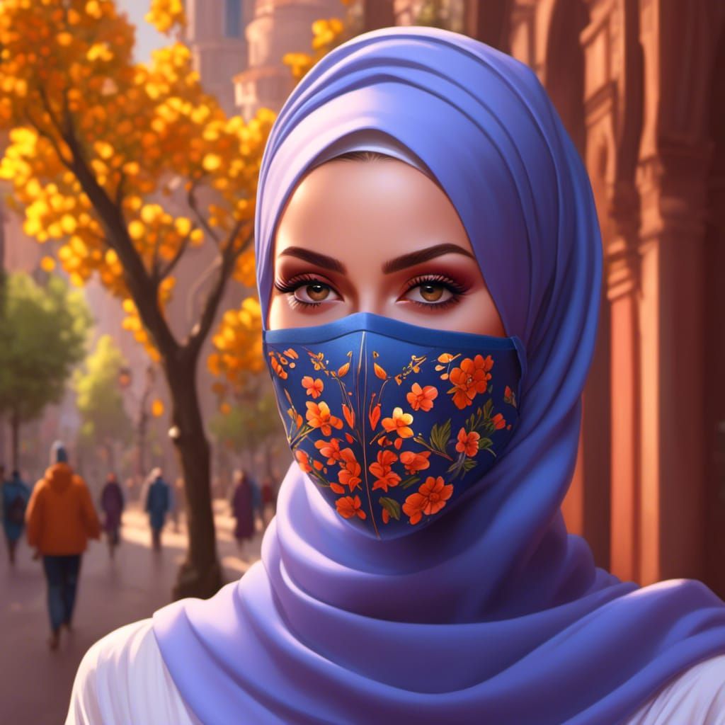 Playful Woman in Hijab and Mask: Detailed Portrait