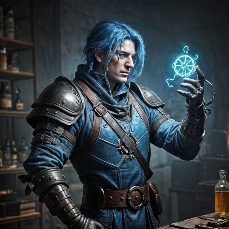 Cyberpunk Artificer Casting Spell in Alchemist's Lab
