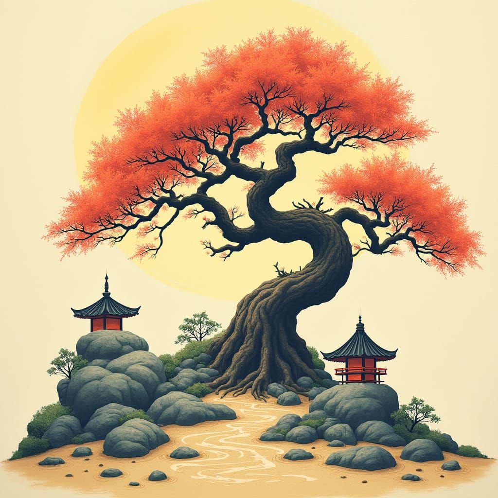 Ancient Cherry Bonsai in Japanese Woodblock Style