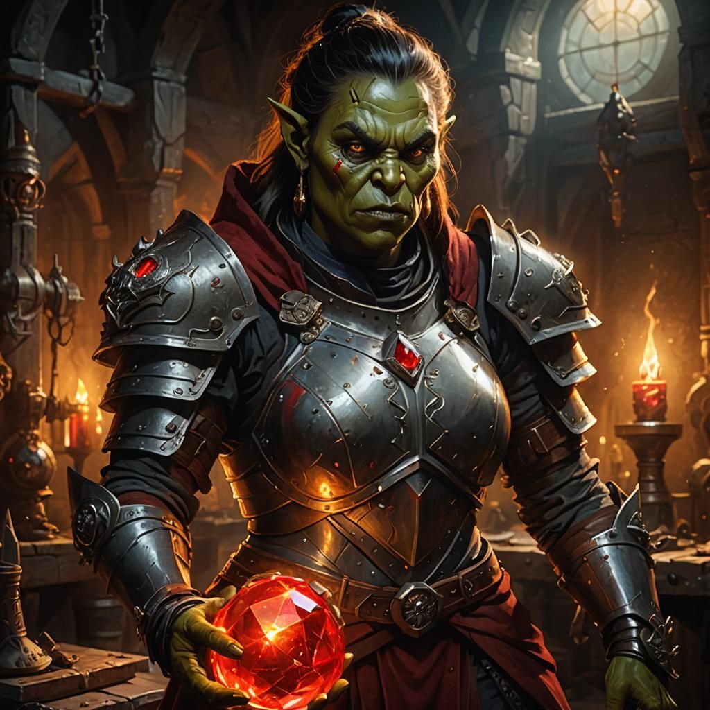 Armored Orc Doctor in Medieval Lab, Fantasy Illustration
