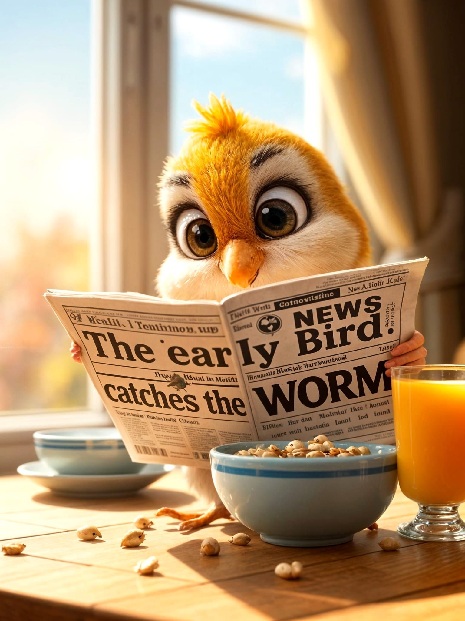 Chibi Baby Bird Reads Newspaper, Pixar Animation Style