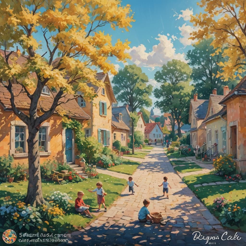 Charming Impressionist Village Scene with Children Playing