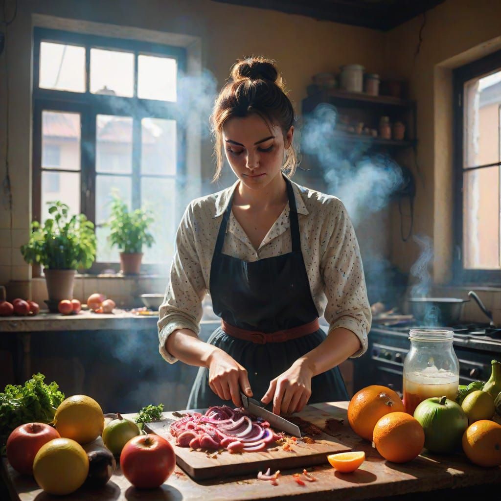 A Young Woman Prepares a Traditional Meal in a Cozy Soviet-S...