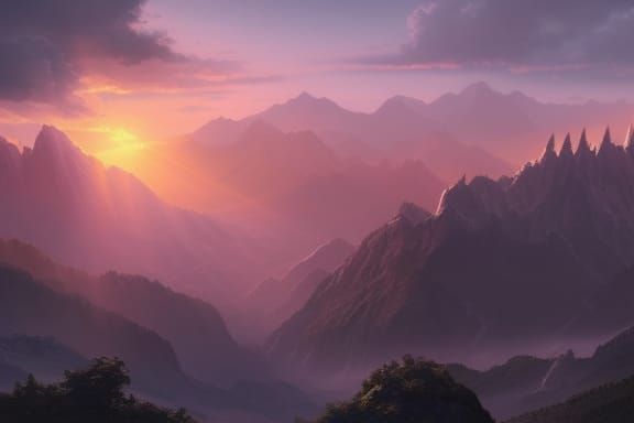 Epic Sunrise Over Mountain Range: Digital Matte Painting