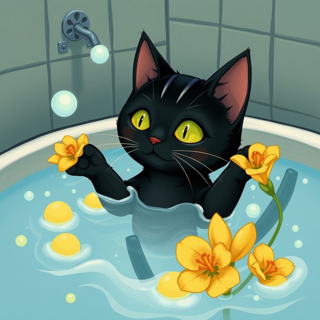 Black Cat's Bubble Bath: Miyazaki-Inspired Art