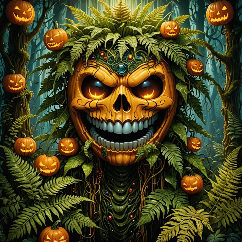 Mystical Jack-o'-Lantern in Biomechanical Forest