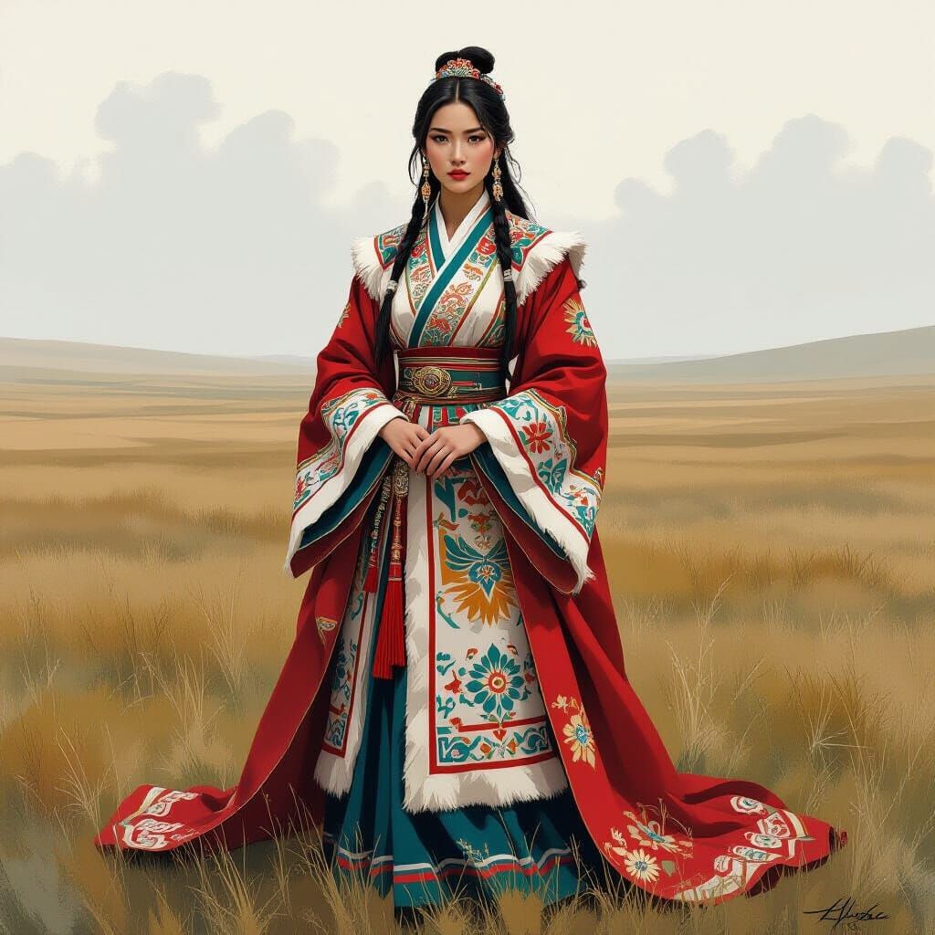 Mongolian Queen in Steppe, Surrealist Fantasy Art