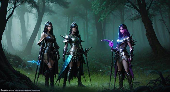 Warrior Goddesses in Mystical Forest, as Fantasy Art