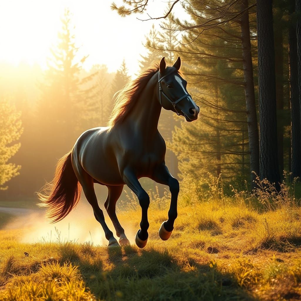 Black Horse Galloping Through Forest with Golden Light