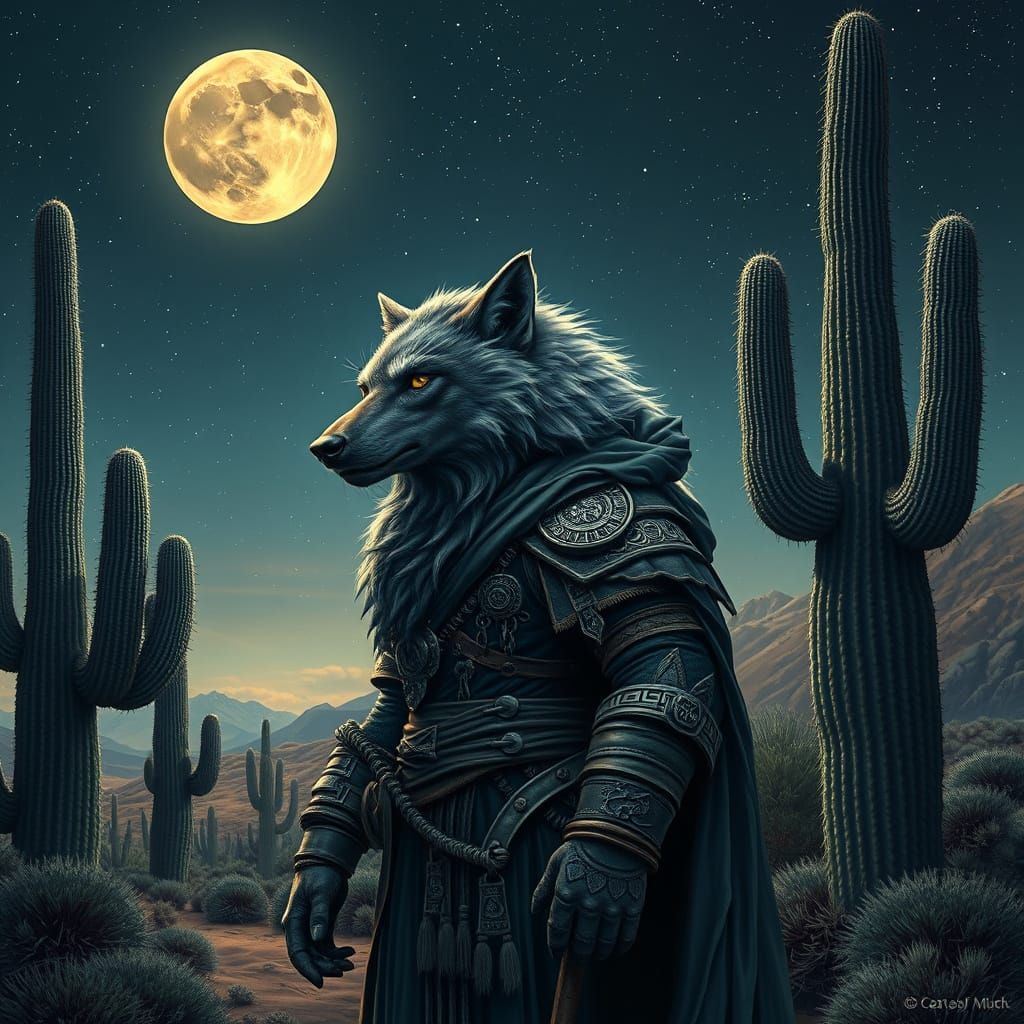 Werewolf Silhouette Under Starry Desert Sky