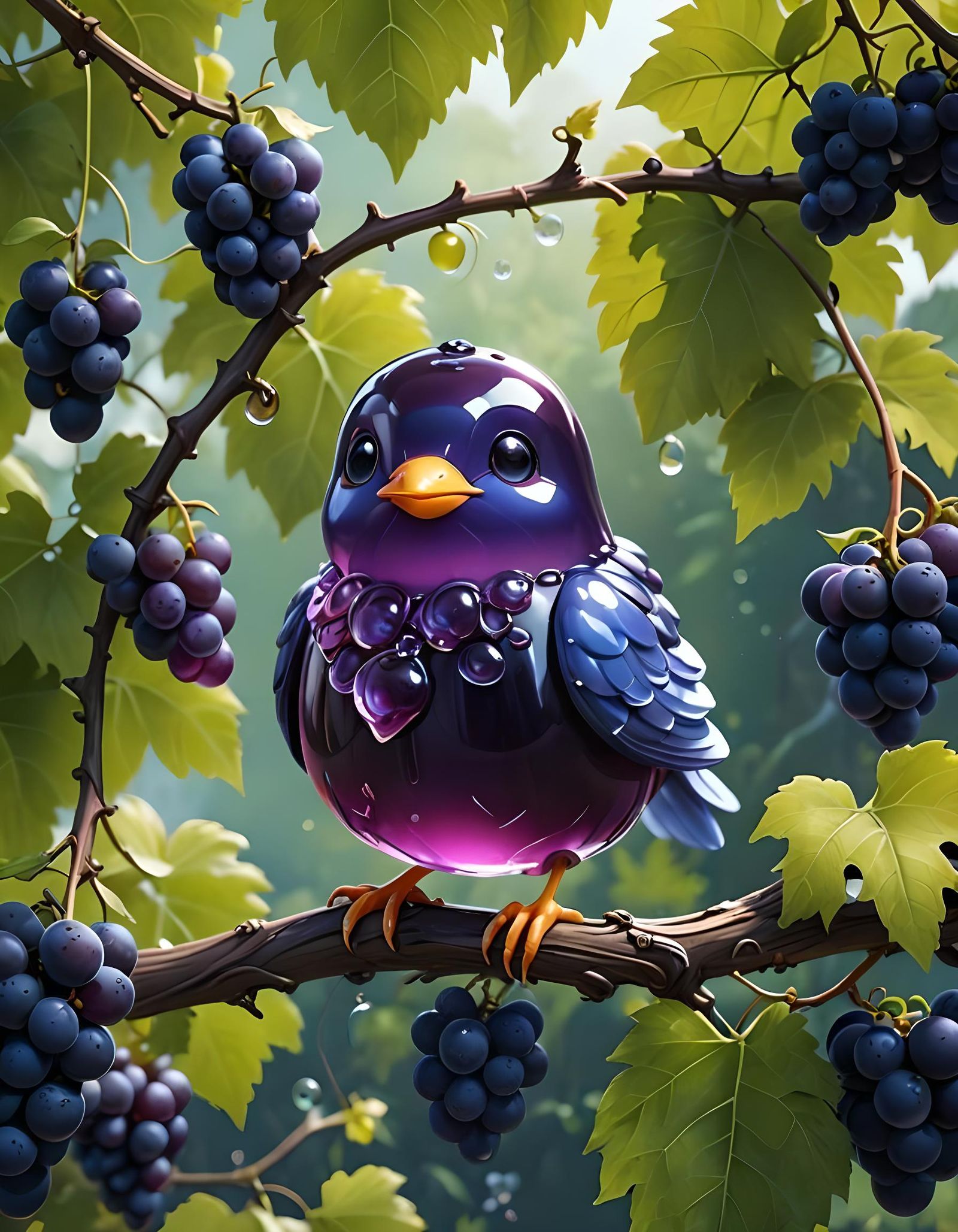 A Grape Jelly Bird Sitting on a Grapevine