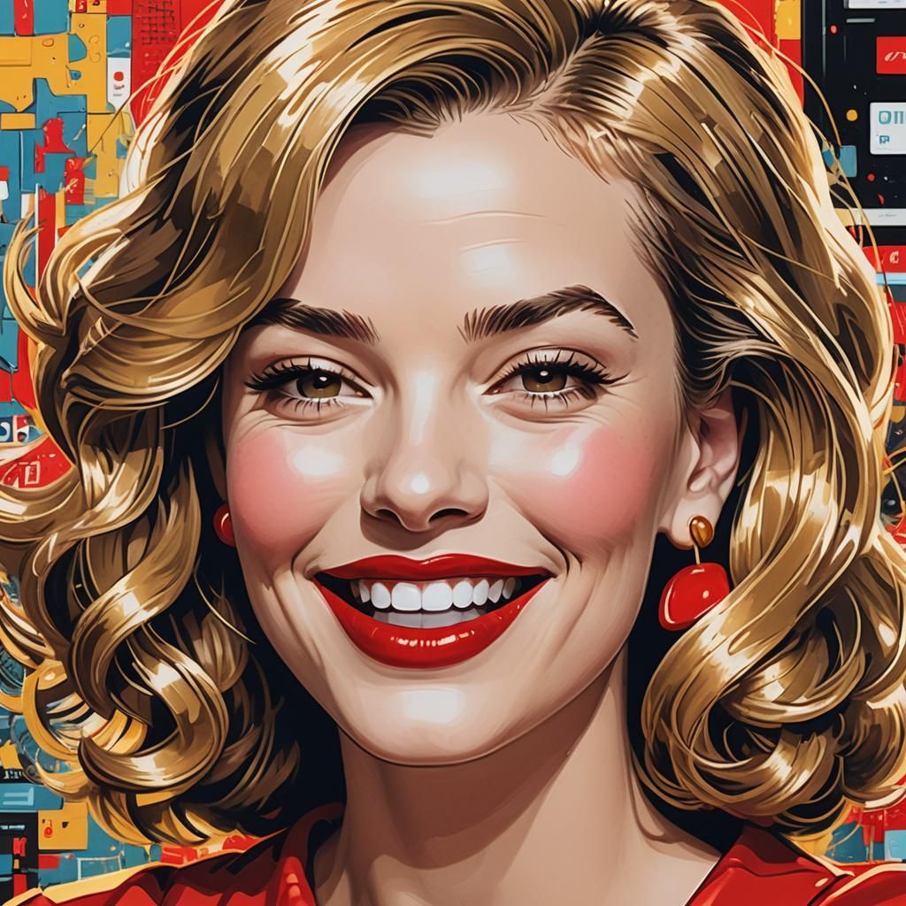 Cartoon Portrait of a Girl with Red Lips