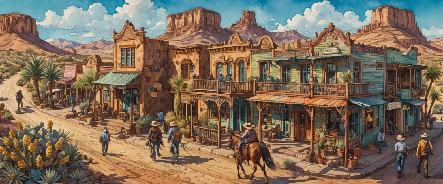 Cowboys in Tabernas Desert: Vibrant Watercolor Western